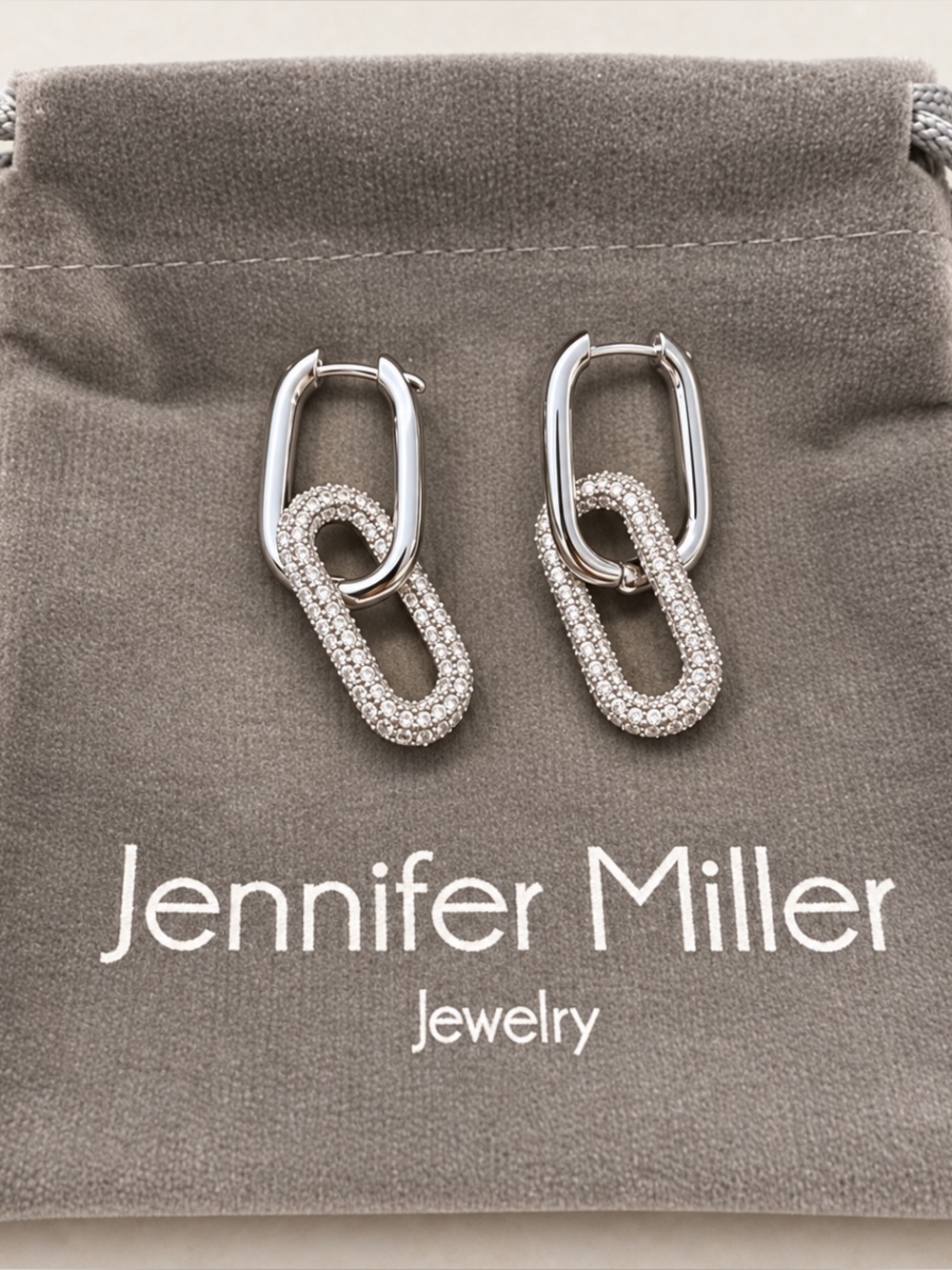 NWOT Jennifer Miller  white gold plated detachable drop link earrings pouch